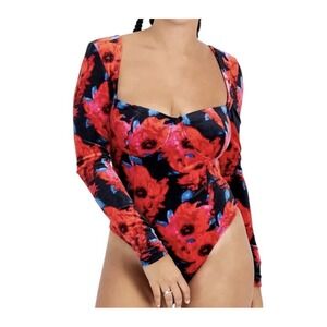 Bar III Women's Red Black Floral Print Velour Bodysuit Top Sz M Long Sleeve New